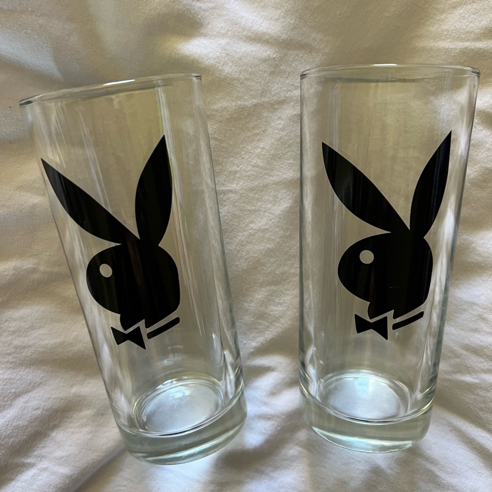 PLAYBOY Clear Glass Highball Tumblers with Black Bunny Logo (Set of 2)